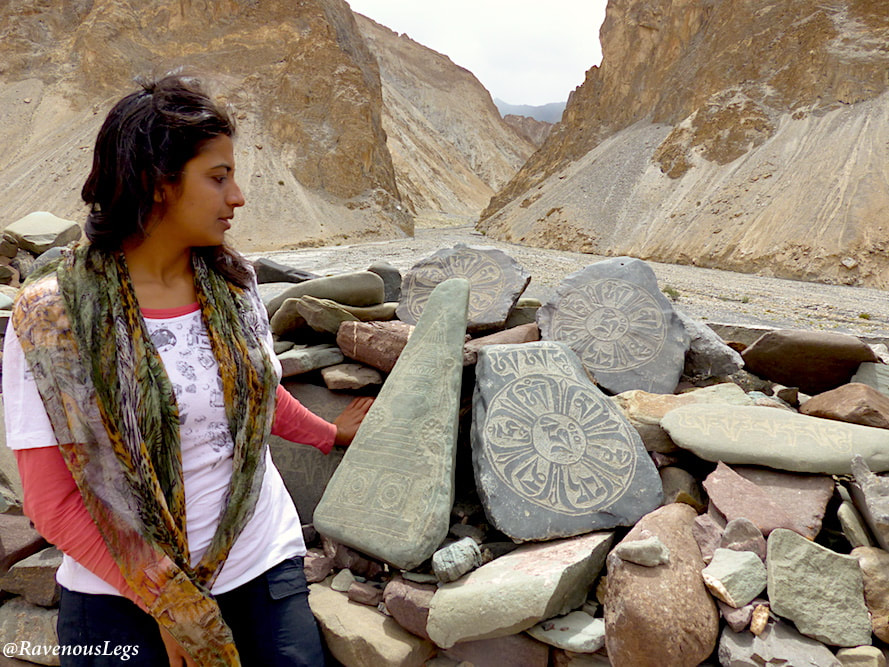 carved Mani stones with Tibetan Buddhist symbols - Markha Valley trek in Ladakh