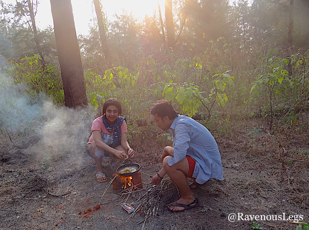 Cooking maggi on self made fire place in the woods near the beach