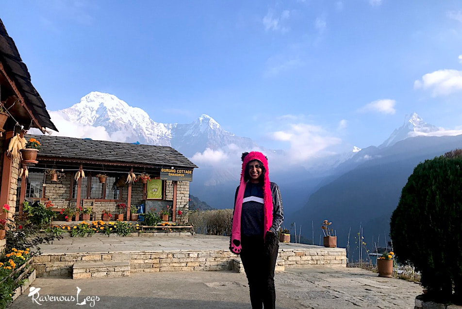 Spectacular views of Himalayan peaks (Annapurna South, Hiunchuli, Machahpuchare) from Gurung Cottage, Ghandruk