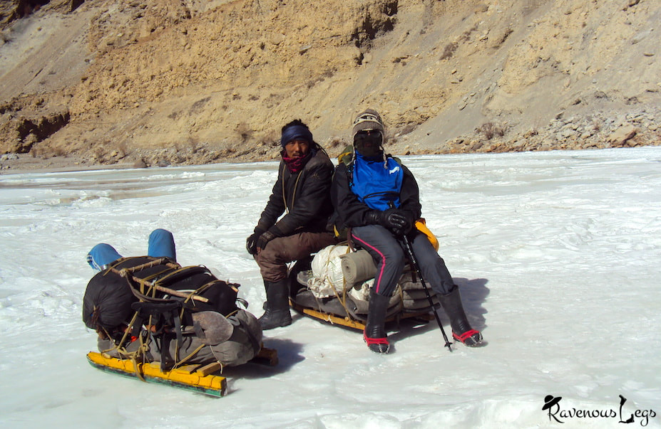 Ladakhi locals with sledges on chadar trek