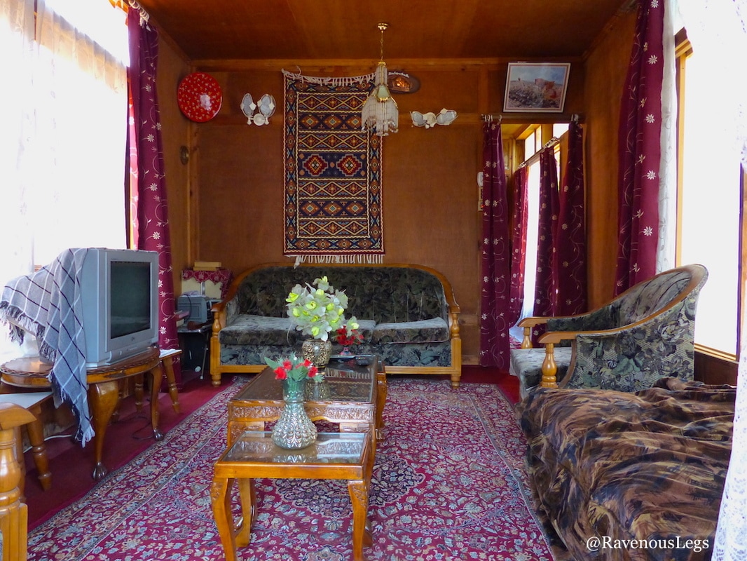 drawing room in houseboat on dal lake, kashmir