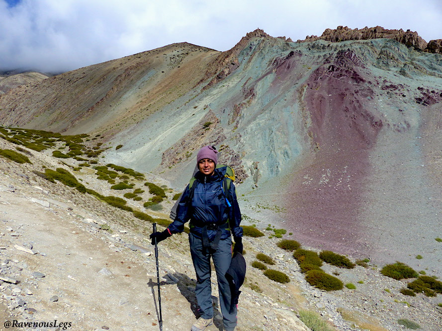 Purple and Teal green coloured mountains on way to GandaLa - Markha Valley trek in Ladakh
