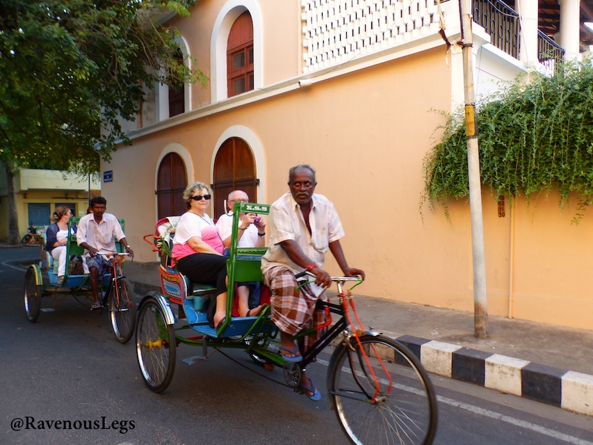 The Heritage Walk in the French Quarter, Pondicherry on cycle rickshaws.