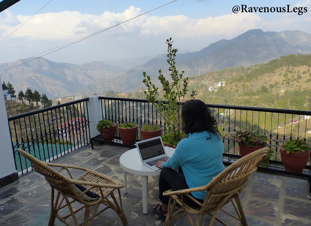 The balcony in The White Peaks, a boutique homestay in Gagar near Ramgarh, Kumaon, Uttarakhand
