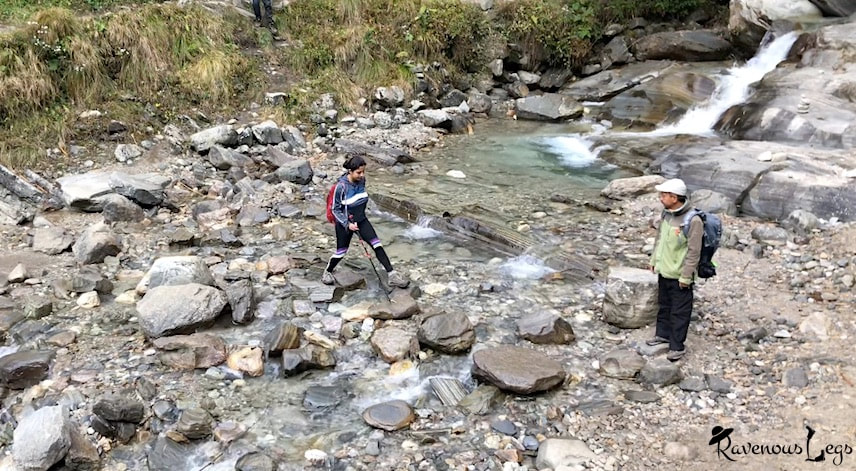 Crossing river - Annapurna Base Camp trail